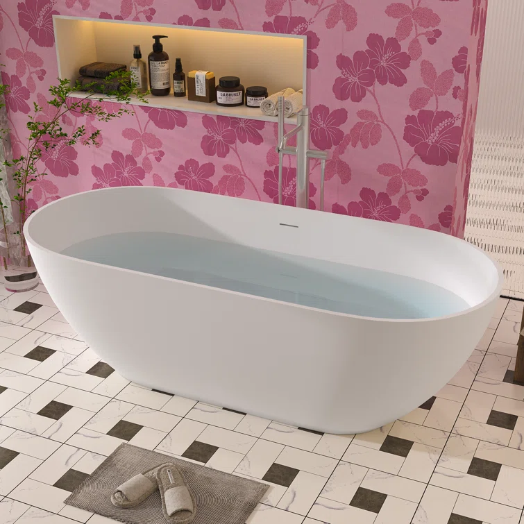 59" White Acrylic Freestanding Soaking Bathtub with Drain