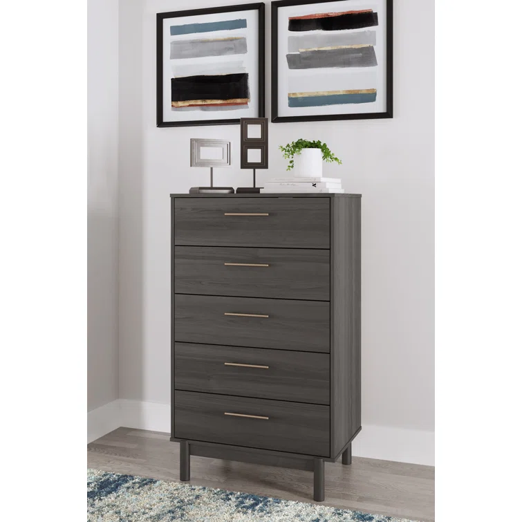 Gray 5-Drawer Mid-Century Modern Chest with Gold Handles