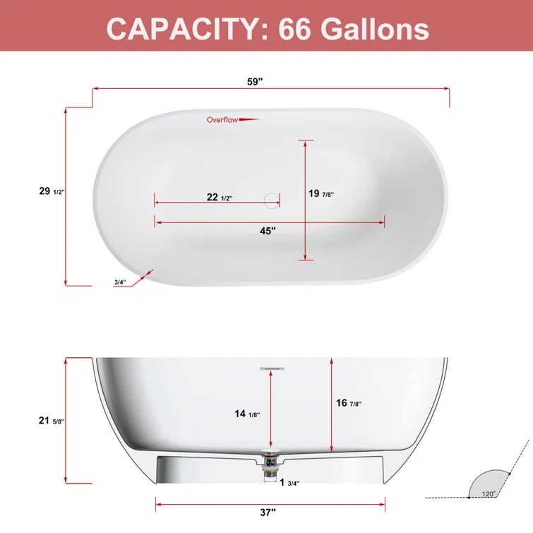 59" White Acrylic Freestanding Soaking Bathtub with Drain