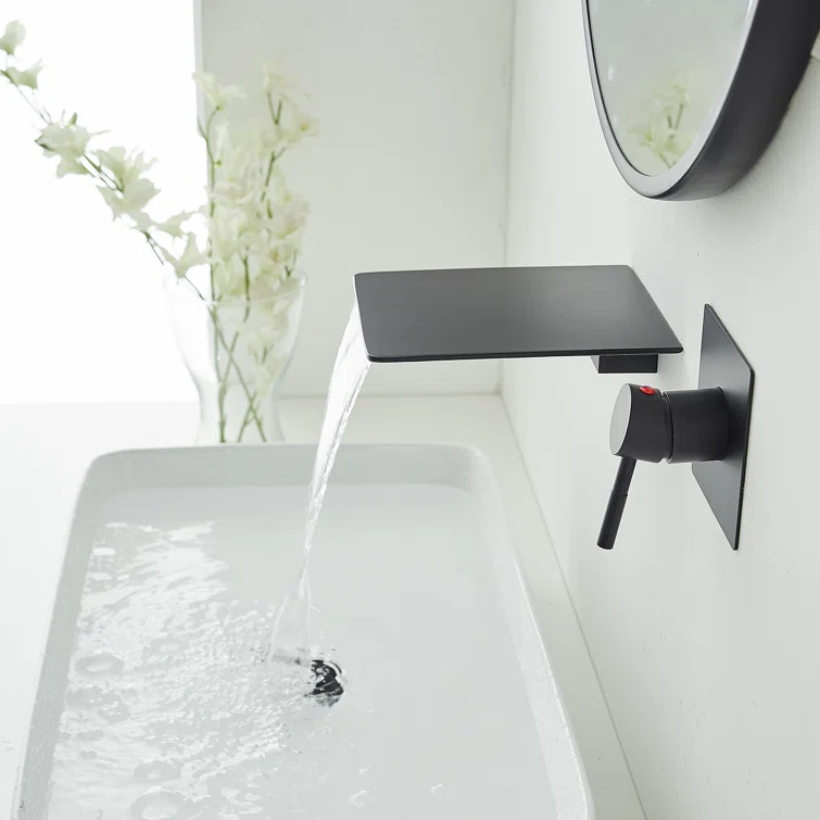 Matte Black Wall-Mounted Single-Handle Waterfall Bathroom Faucet