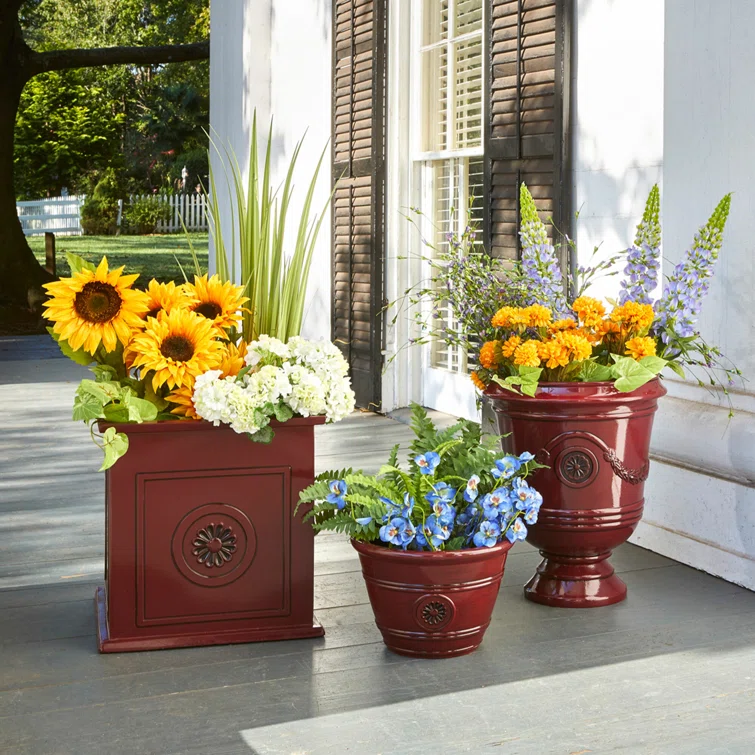 Colony Square 16" Oxblood Resin & Ceramic Outdoor Planter