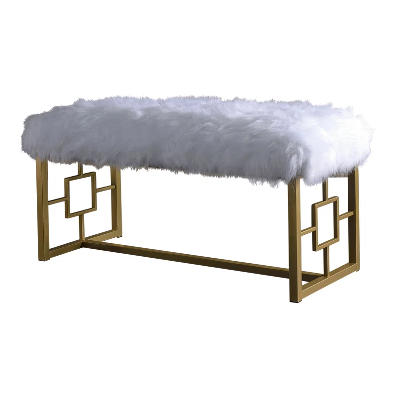 White Faux Fur Gold Metal Base Bench