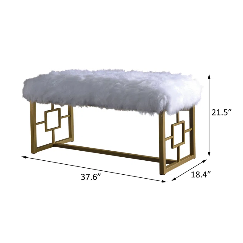 White Faux Fur Gold Metal Base Bench