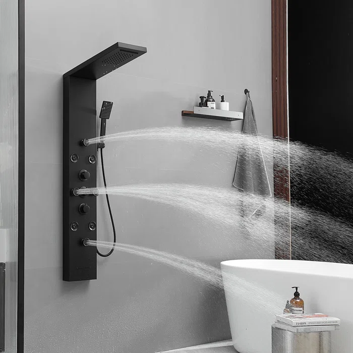 Matte Black 52'' Shower Panel with Rainfall Shower Head and Body Jets