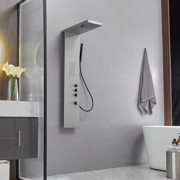 Brushed Nickel Multi-Function Shower Panel with Rainfall and Massage Jets