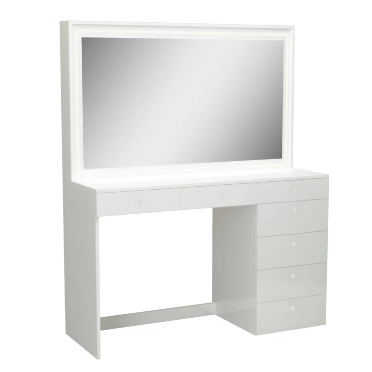 Boahaus Selene Modern White Lighted Vanity Table with 7 Drawers