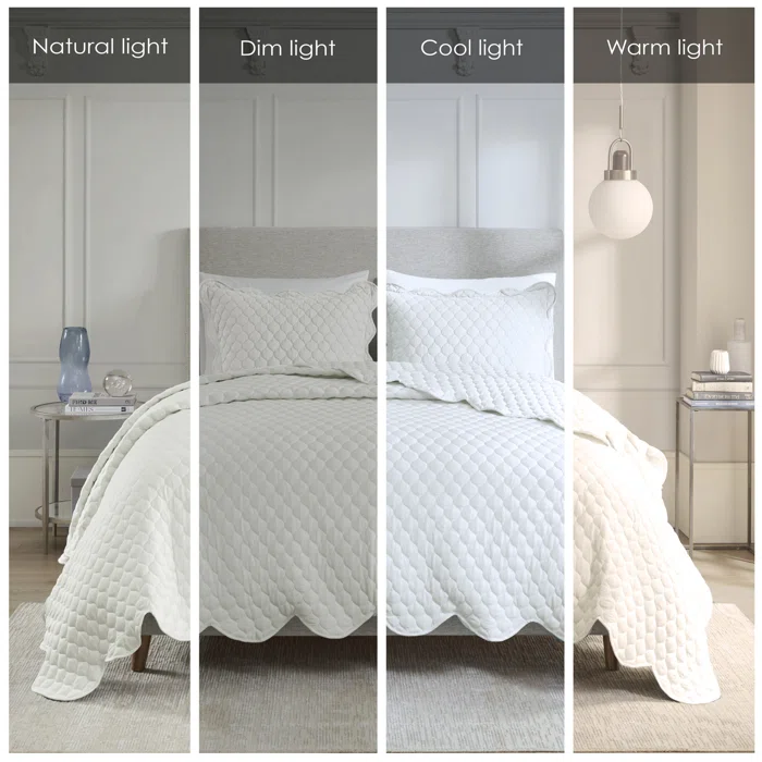 Ivory Full Microfiber Reversible Scalloped Quilt Set