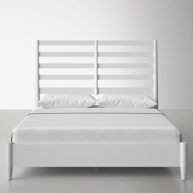 White Queen Wood Frame Bed with Slatted Headboard and Drawers