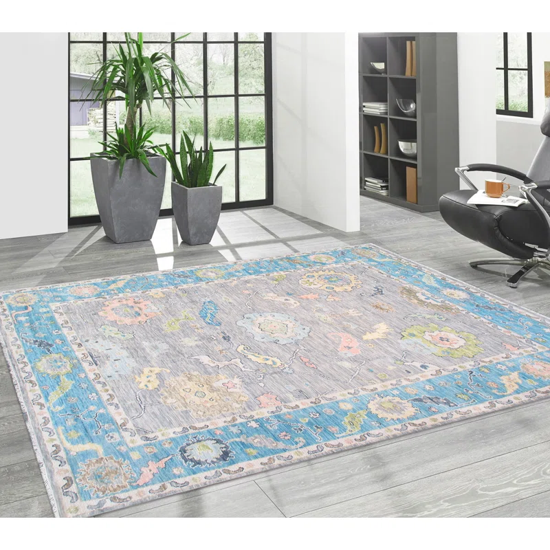 Elegant Oushak Hand-Knotted Floral Wool Rug in Turquoise - 9' x 12'