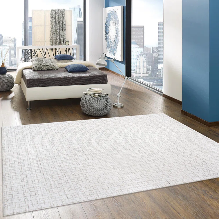 Hand-Loomed Ivory and Silver Wool-Viscose Blend Area Rug, 12' x 15'