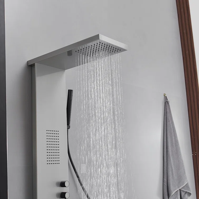 Brushed Nickel Multi-Function Shower Panel with Rainfall and Massage Jets