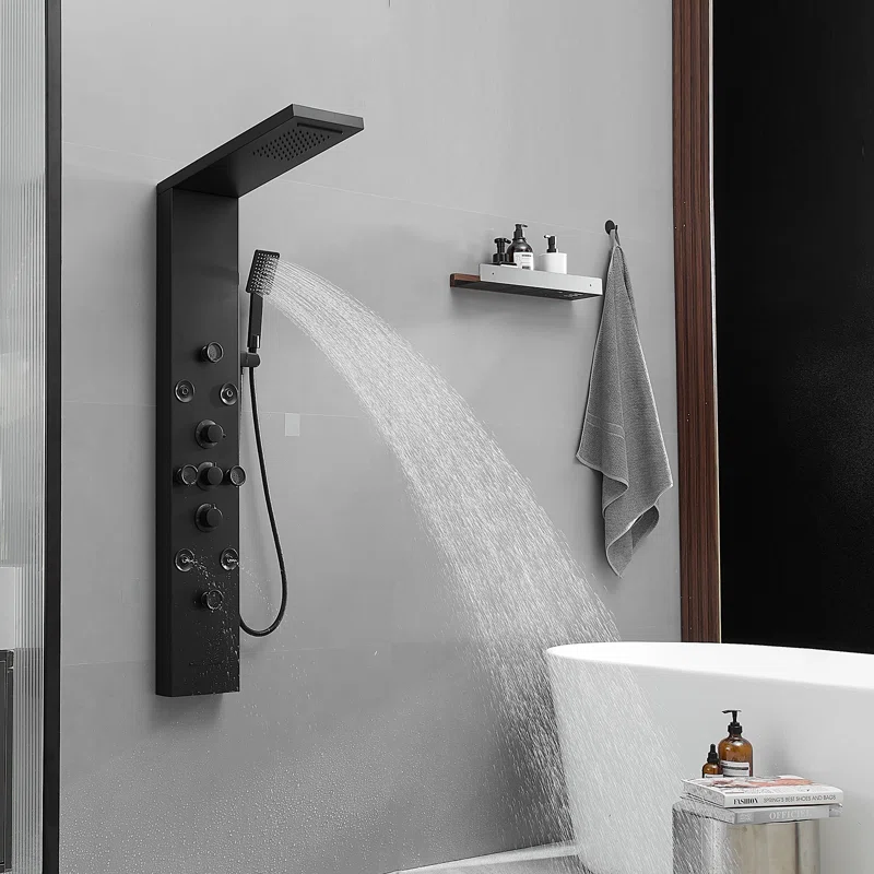 Matte Black 52'' Shower Panel with Rainfall Shower Head and Body Jets
