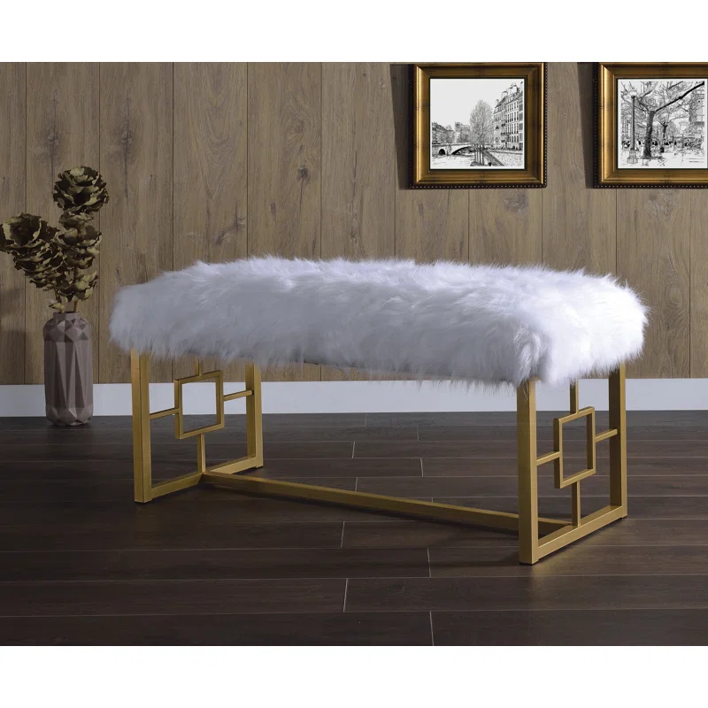White Faux Fur Gold Metal Base Bench