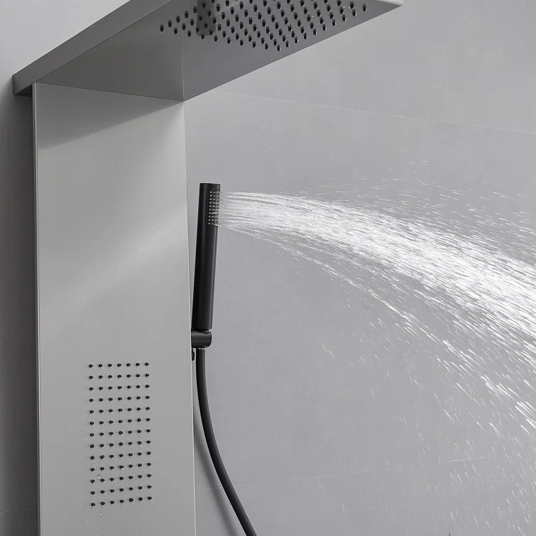 Brushed Nickel Multi-Function Shower Panel with Rainfall and Massage Jets