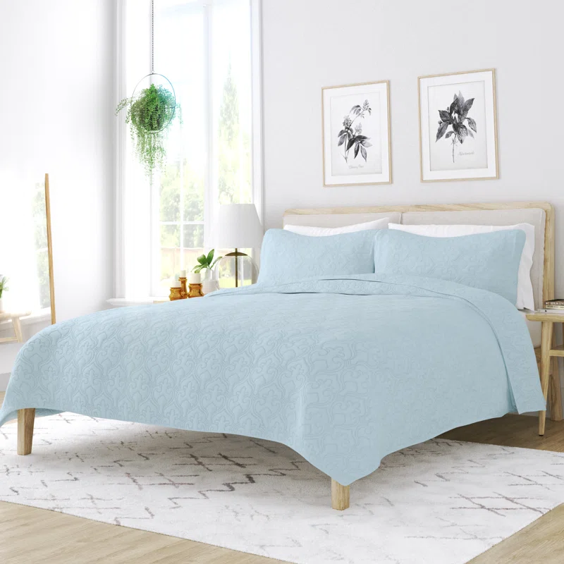 Pale Blue King Microfiber Quilted Coverlet Set