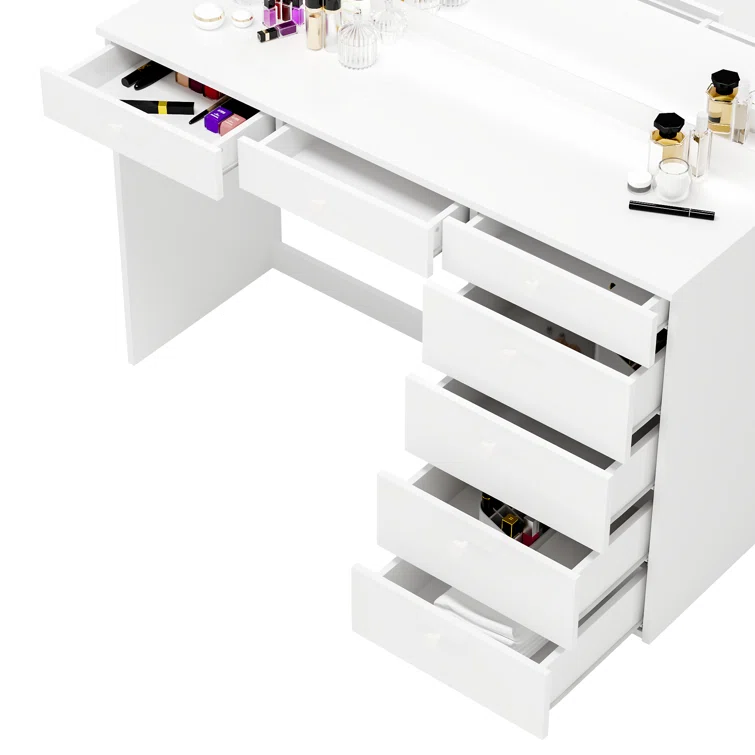 Boahaus Selene Modern White Lighted Vanity Table with 7 Drawers
