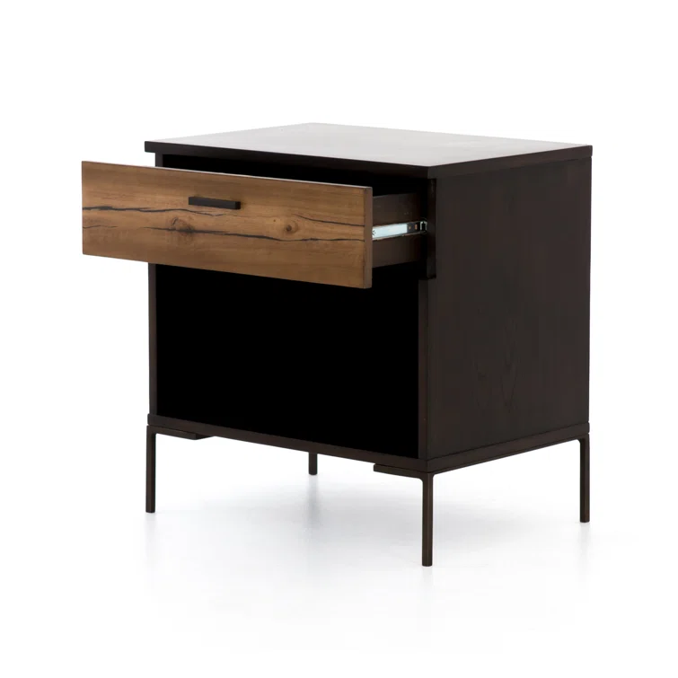 Gray and Brown 1-Drawer Nightstand with Iron Legs