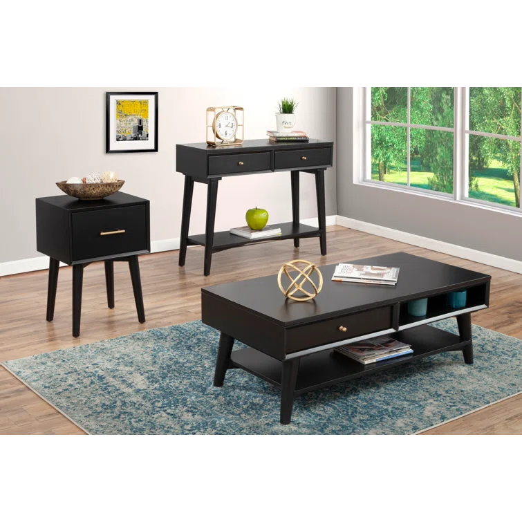 Transitional Mid-Century Black Mahogany Console Table with Storage