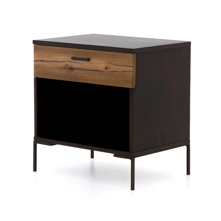 Gray and Brown 1-Drawer Nightstand with Iron Legs