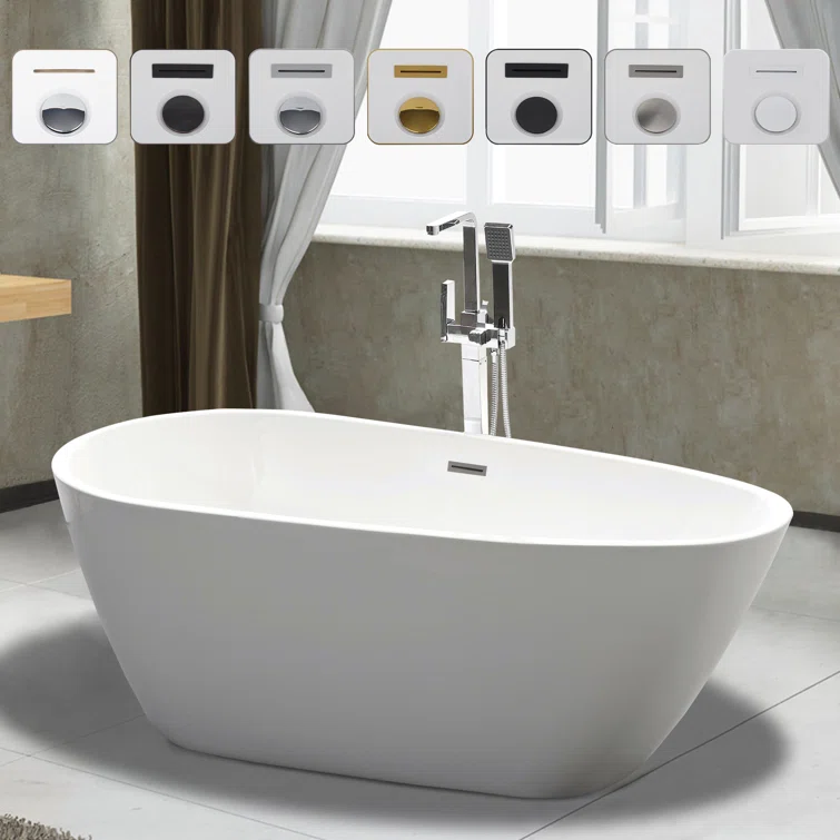 White Acrylic Freestanding Soaking Bathtub with Matte Black Overflow