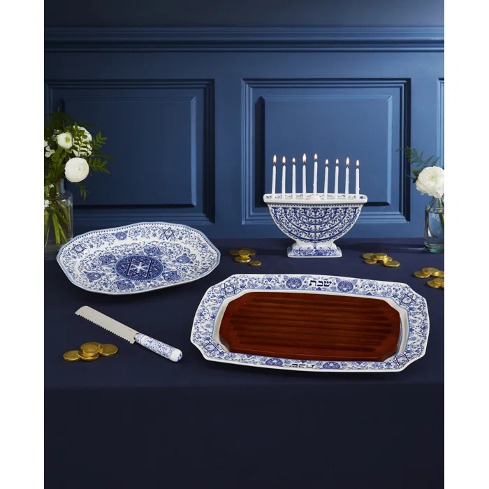 Sapphire Blue Ceramic Baroque Print Menorah