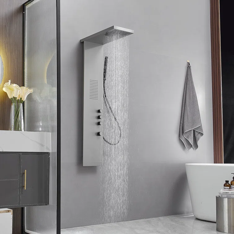 Brushed Nickel Multi-Function Shower Panel with Rainfall and Massage Jets