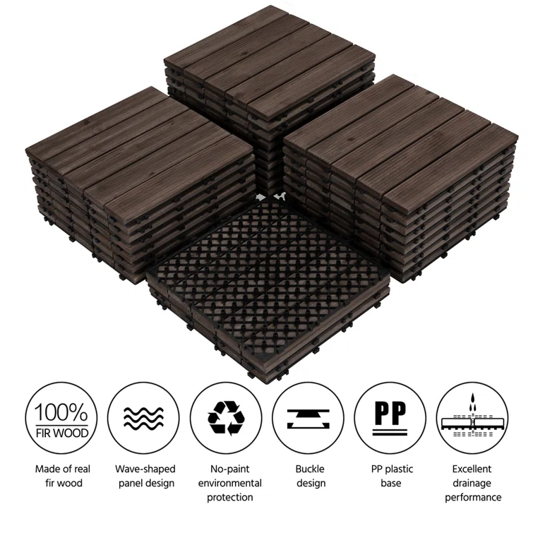 12'' x 12'' Black Solid Fir Wood Interlocking Deck Tiles