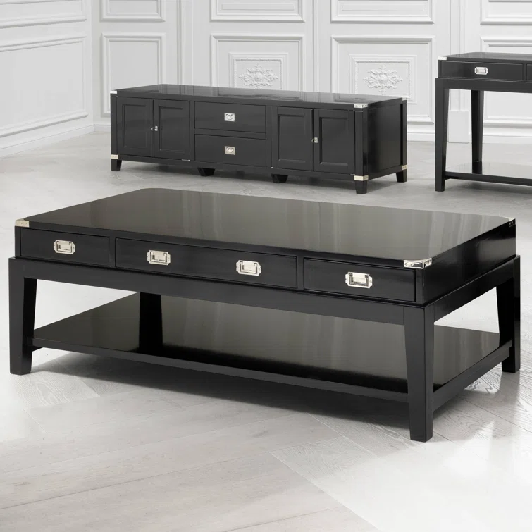 Black Solid Wood Coffee Table with Storage Drawers