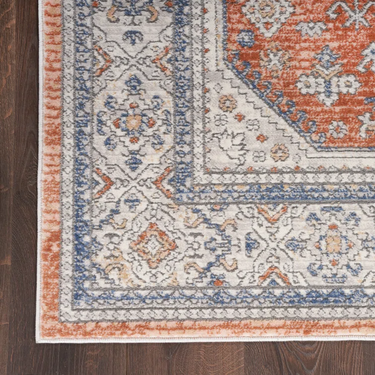 Gray and Orange Rectangular Synthetic Vintage Rug 2' x 3'