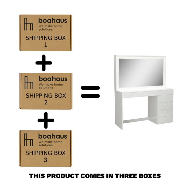 Boahaus Selene Modern White Lighted Vanity Table with 7 Drawers