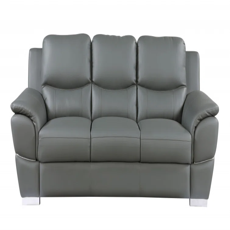 Modern Chic Gray Leather Reclining Sofa with Pillow-Top Arms