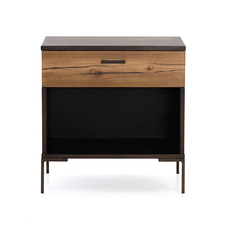 Gray and Brown 1-Drawer Nightstand with Iron Legs
