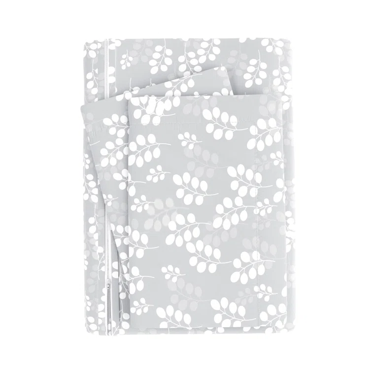 Gray Floral Microfiber Queen Duvet Cover Set