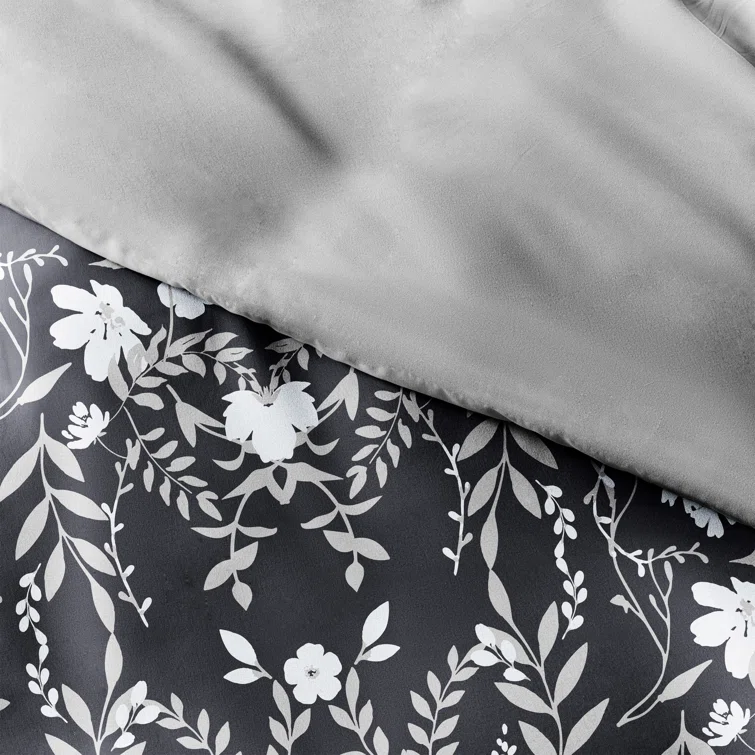 Black Floral Reversible Microfiber Full/Queen Duvet Cover Set