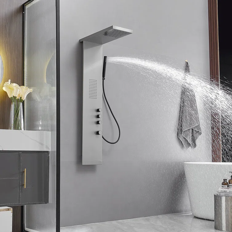 Brushed Nickel Multi-Function Shower Panel with Rainfall and Massage Jets