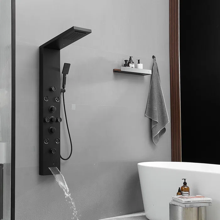 Matte Black 52'' Shower Panel with Rainfall Shower Head and Body Jets