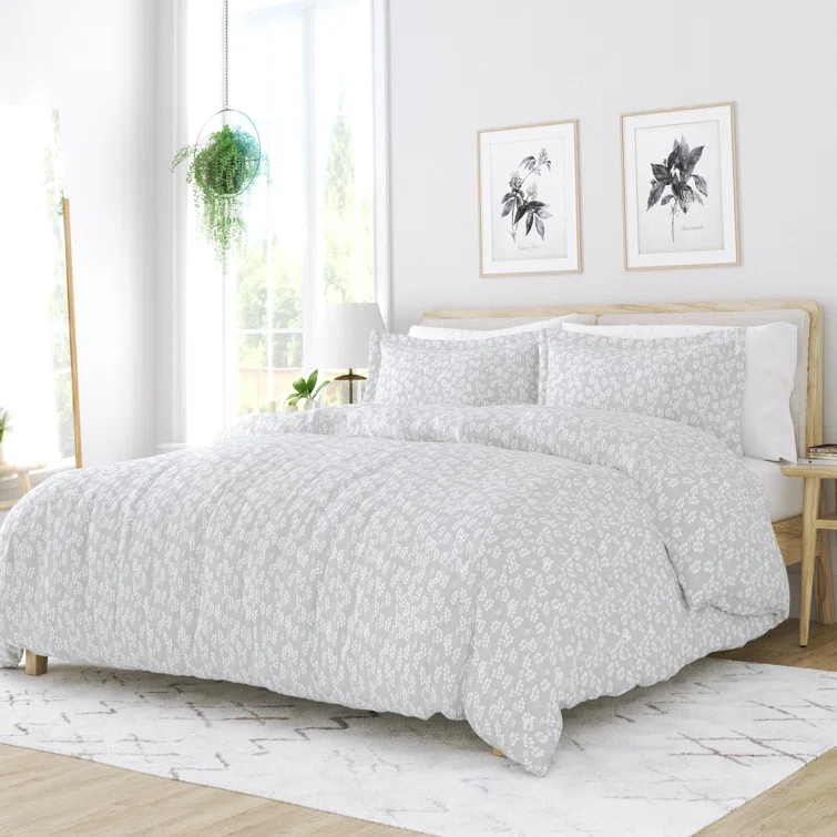 Gray Floral Microfiber Queen Duvet Cover Set