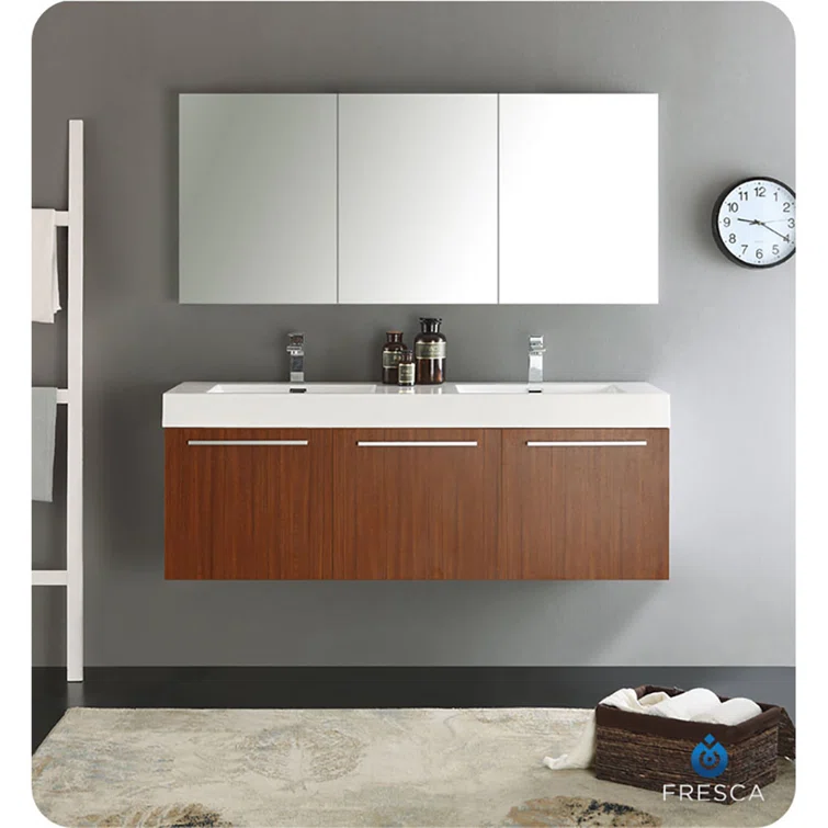 Teak 59" Wall-Mount Double Vanity Cabinet Base