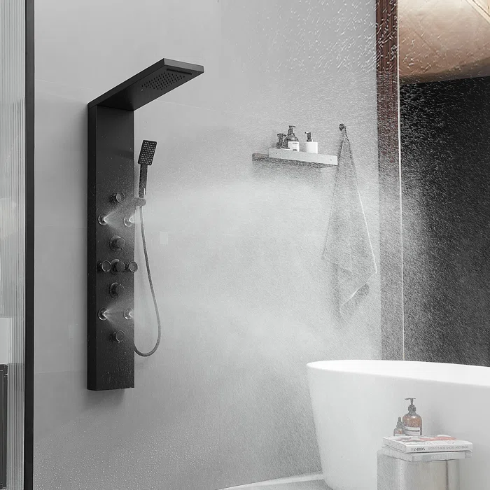 Matte Black 52'' Shower Panel with Rainfall Shower Head and Body Jets