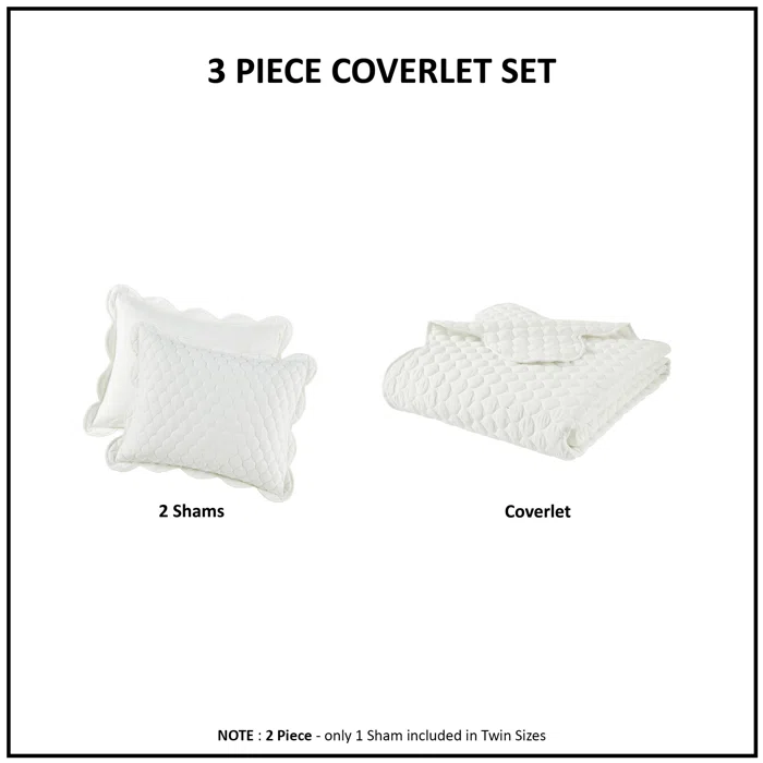 Ivory Full Microfiber Reversible Scalloped Quilt Set